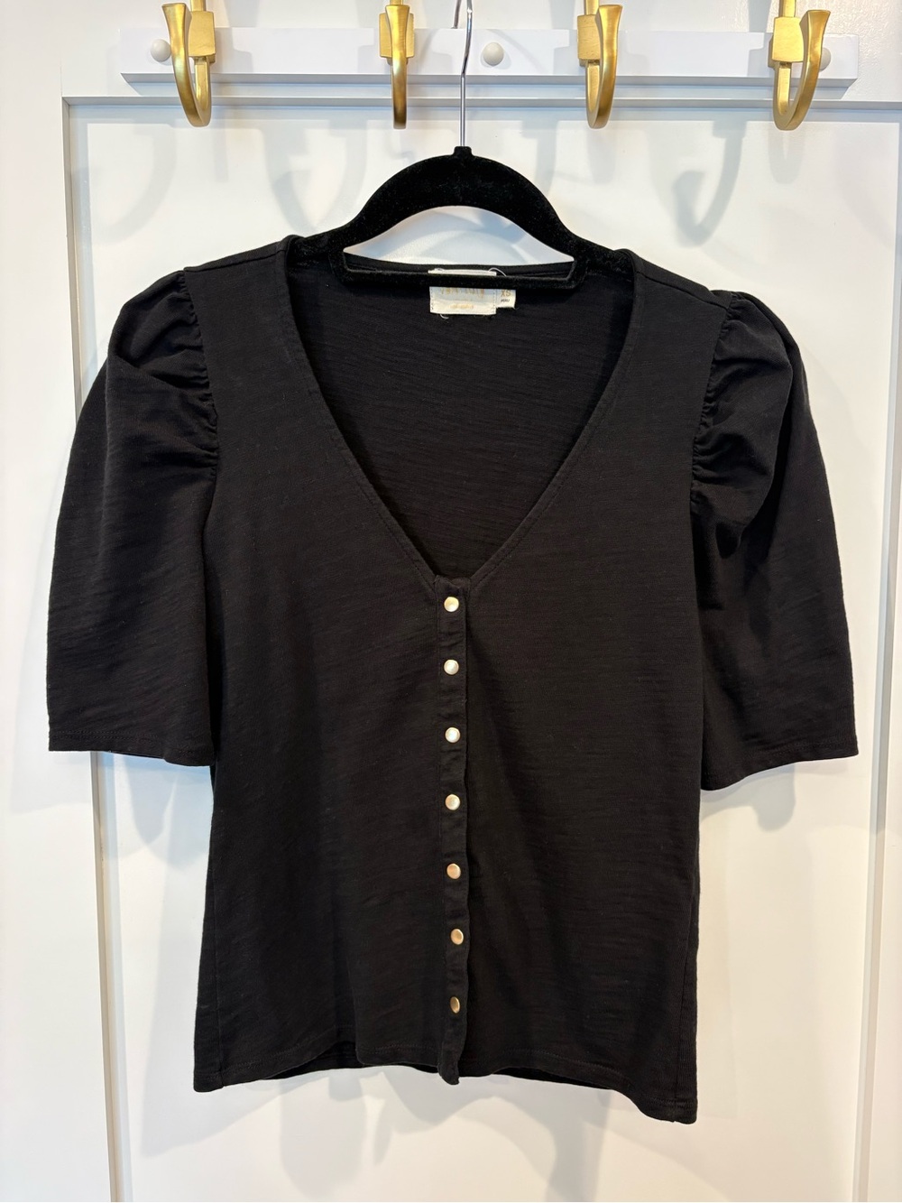 Nation LTD Black V-Neck Button Front Puff Sleeve Top